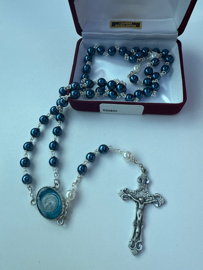 Our Lady of Lourdes Water blue and pearl rosary R608DF