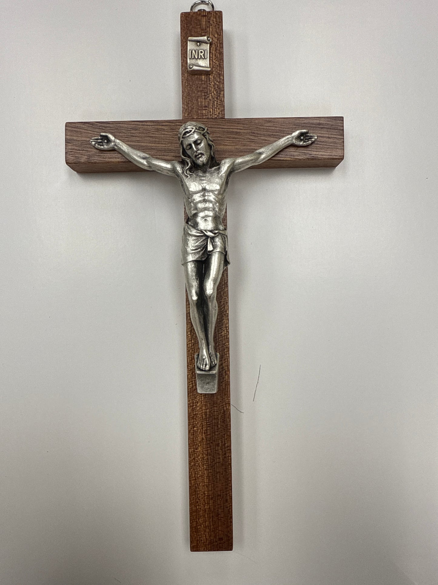 10” Pewter on oak Crucifix