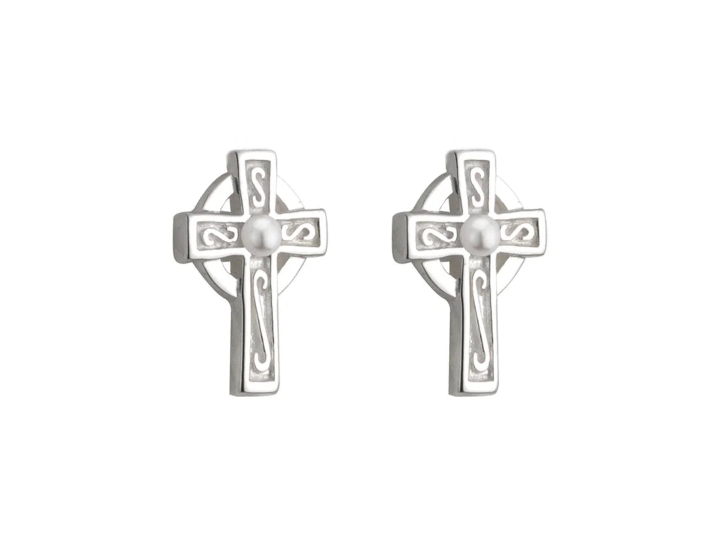 Rhodium Plated Celtic Cross Earrings w/ Pearl Detail In Middle