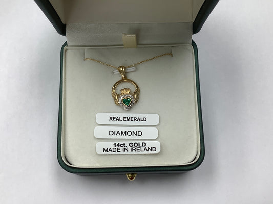 14K Gold Claddagh pendant with real Emerald and Diamond MA182F