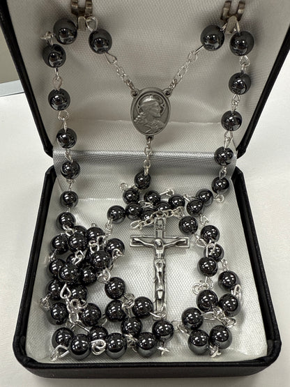 Hematite Rosary with pewter Cross R936B