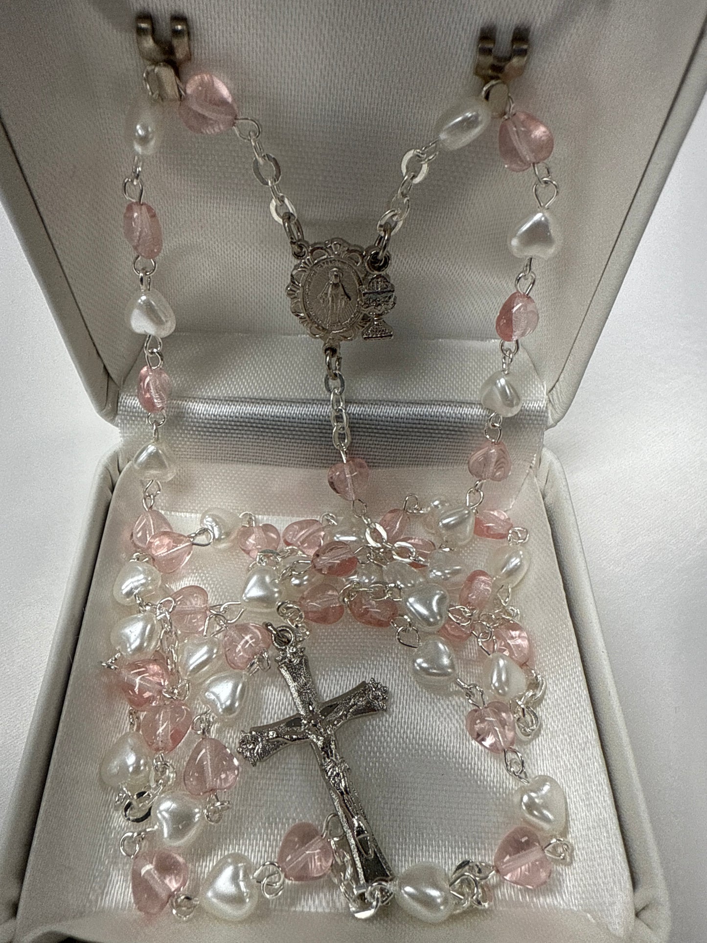 Miraculous Medal First Communion Rosary with Heart Beads
