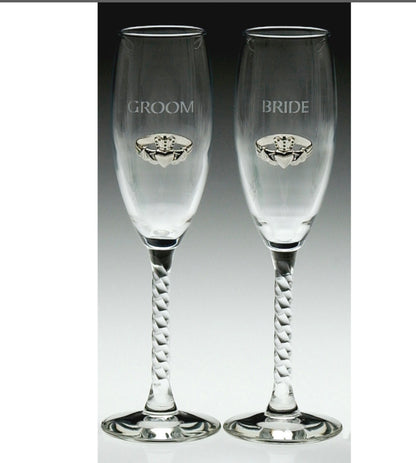 Pair Bride & Groom Flutes Claddagh