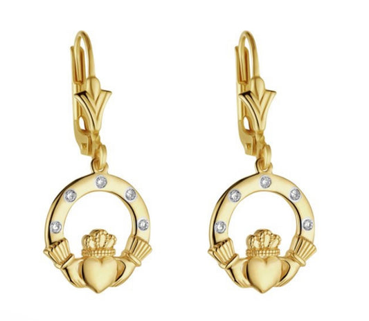 14K GOLD FLUSH SET DIAMOND CLADDAGH DROP EARRINGS
Code: S34191