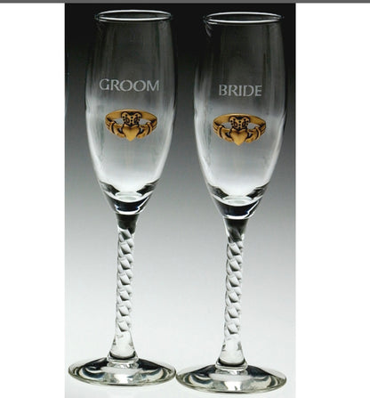 Pair Bride & Groom Flutes Claddagh