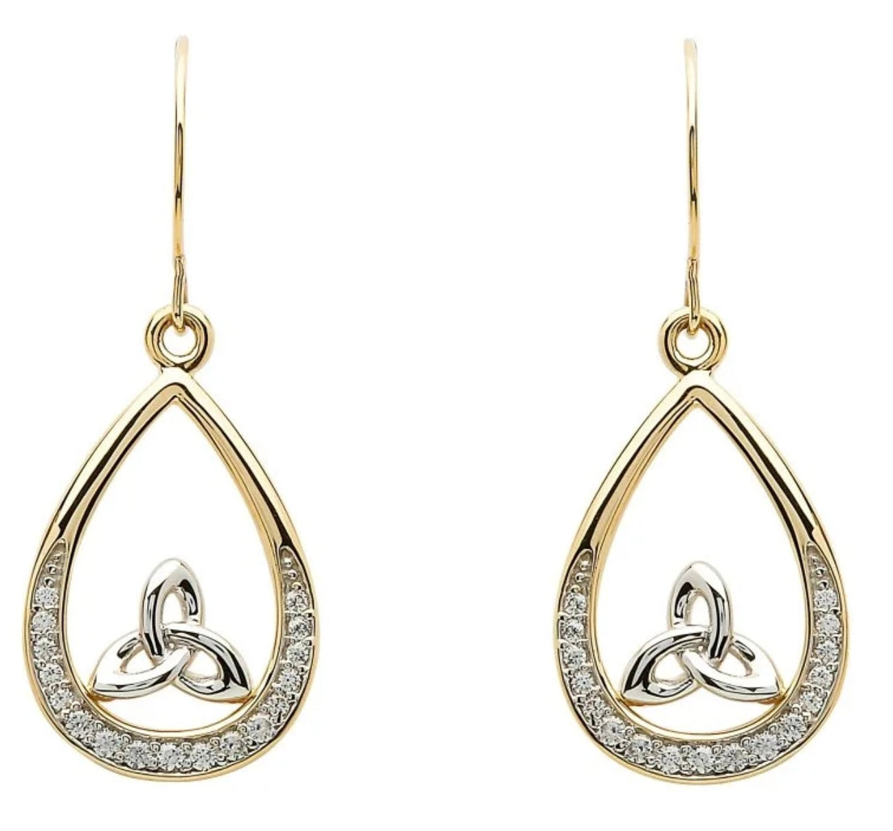 A pair of gold 10K pave set trinity knot earrings with diamonds.
