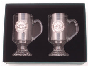 Pair Irish Coffee mugs with Pewter emblem. Robert Emmet 0420