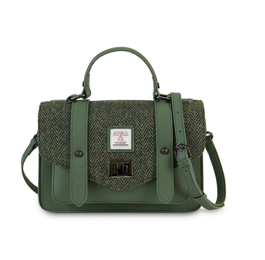 Leather Mini Satchel- Dark green Herringbone