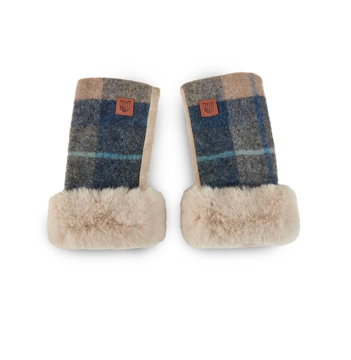 Lambswool Fingerless Glove- Navy Beige Tartan