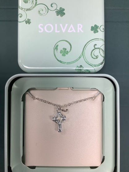 Rhodium Plated small Celtic cross with pearl detail in middle