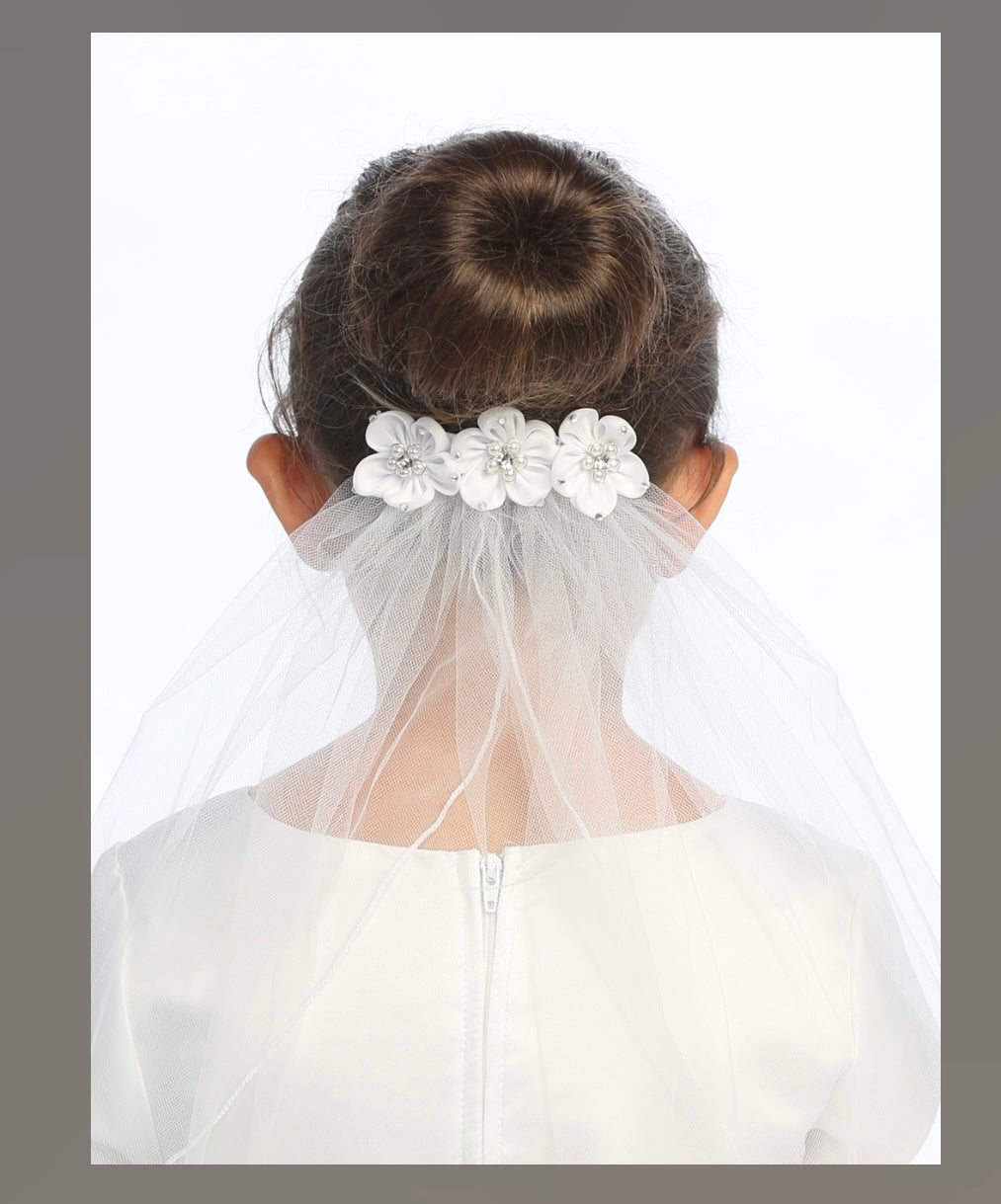18" veil on comb - Satin flowers with rhinestones T49