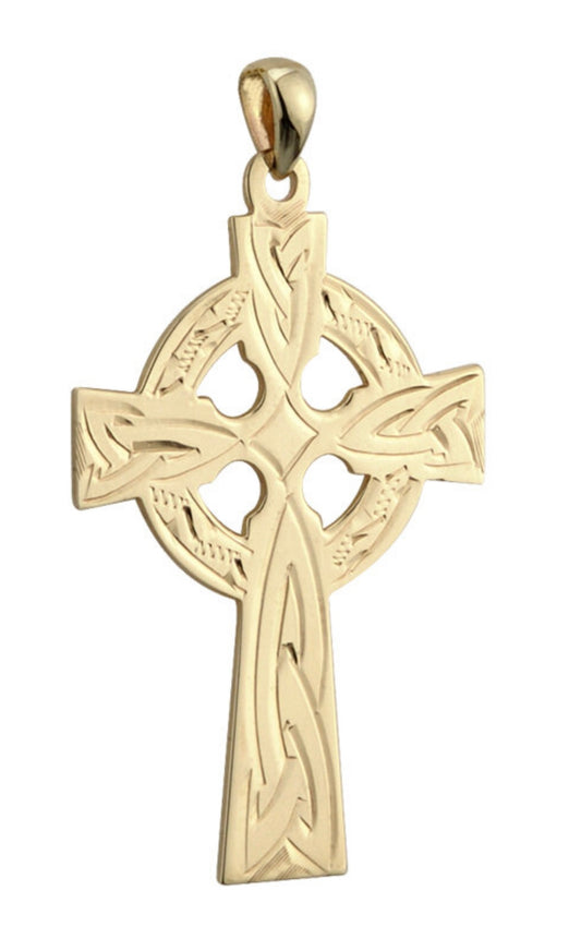 14K GOLD HAND ENGRAVED HEAVY CELTIC CROSS CHARM S8101