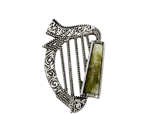 RHODIUM PLATED CONNEMARA MARBLE HARP BROOCH
SKU: S1983