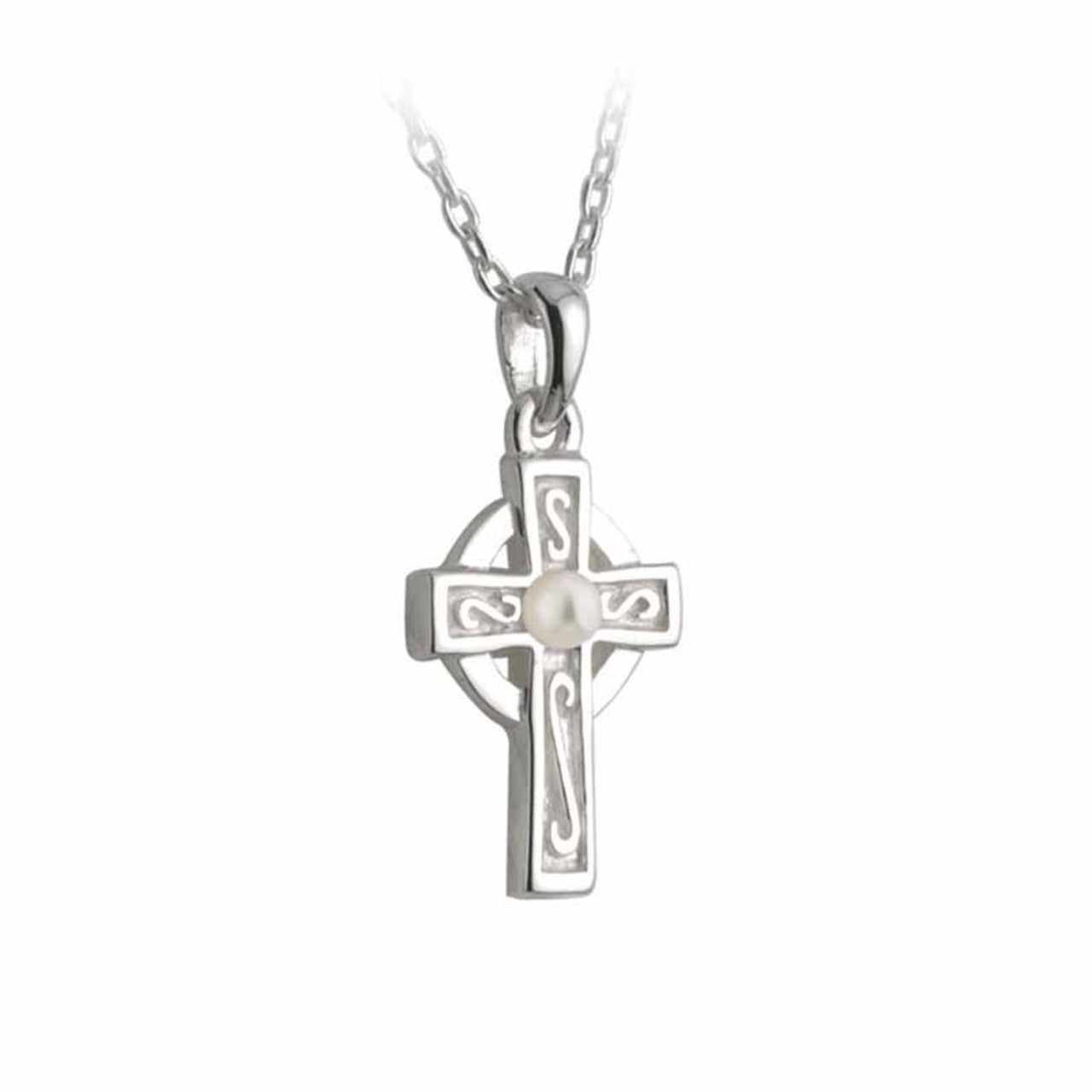 Rhodium Plated small Celtic cross with pearl detail in middle