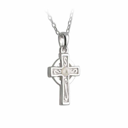 Rhodium Plated small Celtic cross with pearl detail in middle