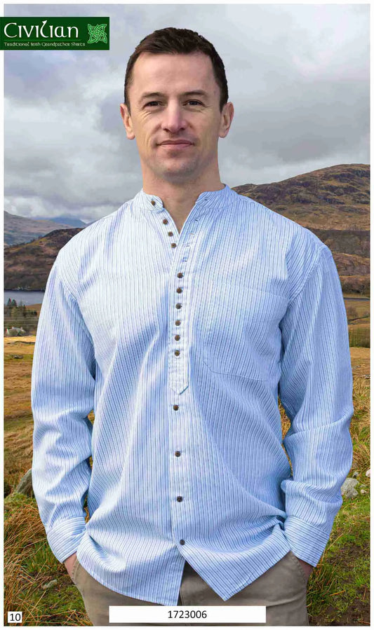 Traditional Irish linen grandfather shirt 1723006/2 navy and sea foam green stripes