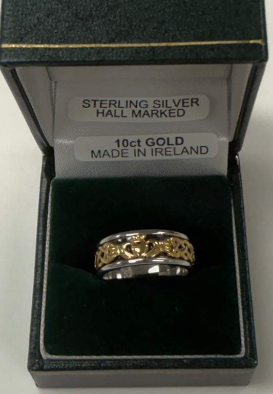 10K Fado two tone Claddagh Celtic Knot Band R124