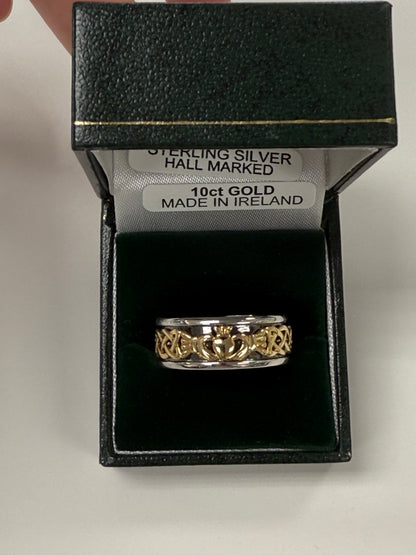 10K Two Tone Wide Claddagh Celtic Knots Band R126
