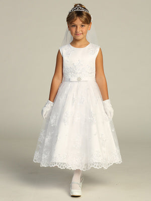 Communion Dress w/ Corded Embroidered tulle with sequins SP742
