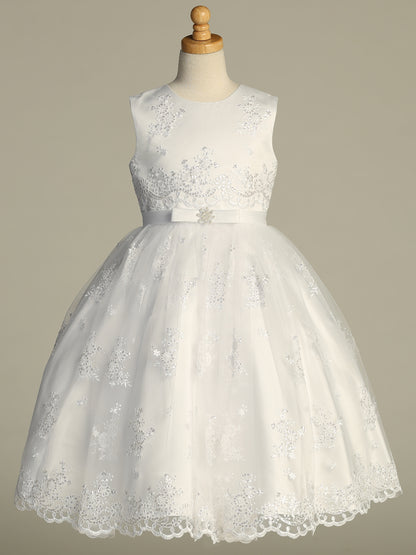 Communion Dress w/ Corded Embroidered tulle with sequins SP742