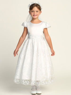 Communion Dress w/ Satin & Embroidered tulle with sequins SP213