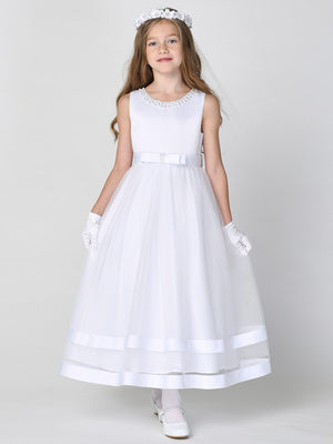 Communion Dress w/ Satin & Glitter tulle with pearl neckline SP211