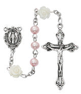 R797W) PINK W/WHITE FLOWER MI ROSARY