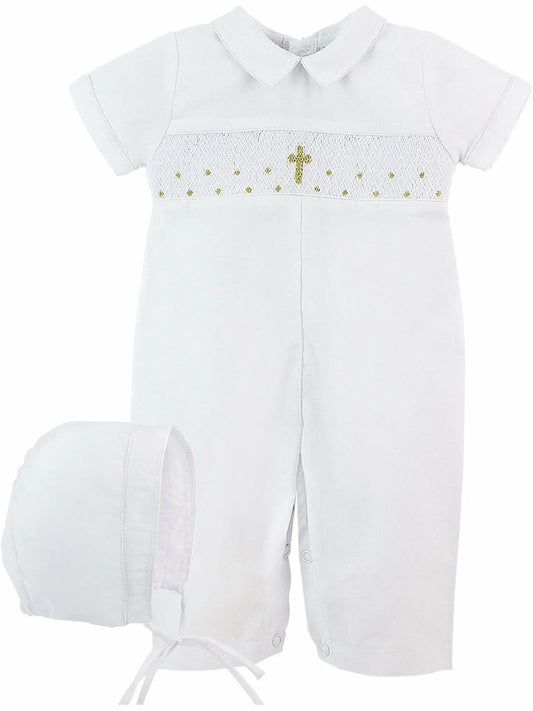 Boys Baptism Hand Smocked w/ Cross Romper 30100