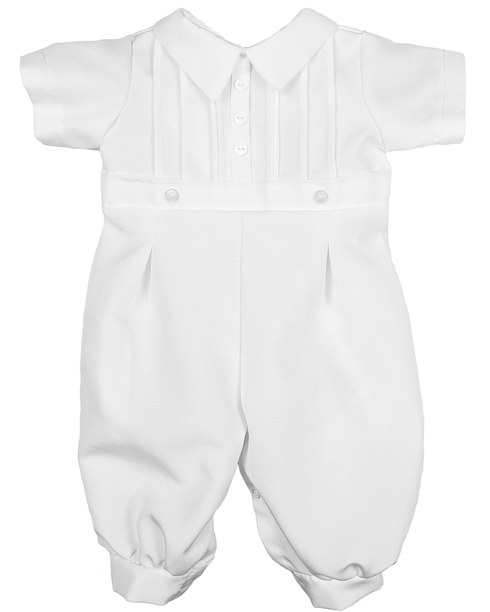 Boys White Short Sleeve Collared Romper Coverall with Pin-Tucking - Christopher