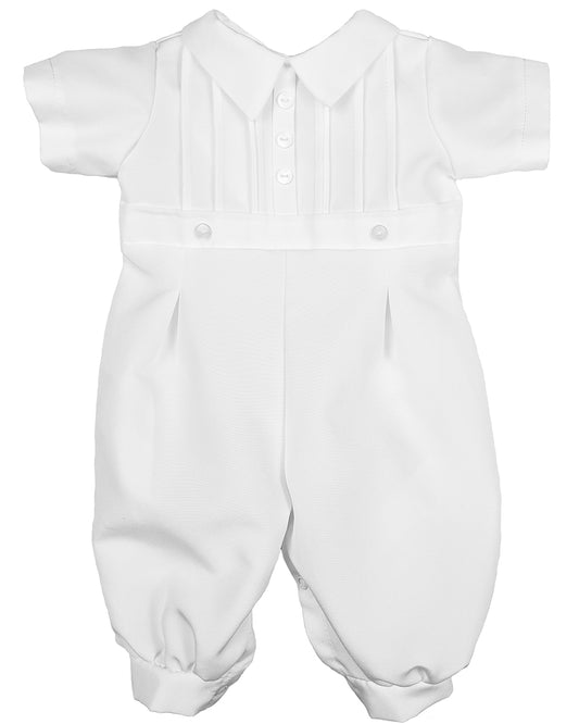 Boys White Short Sleeve Collared Romper Coverall with Pin-Tucking - Christopher