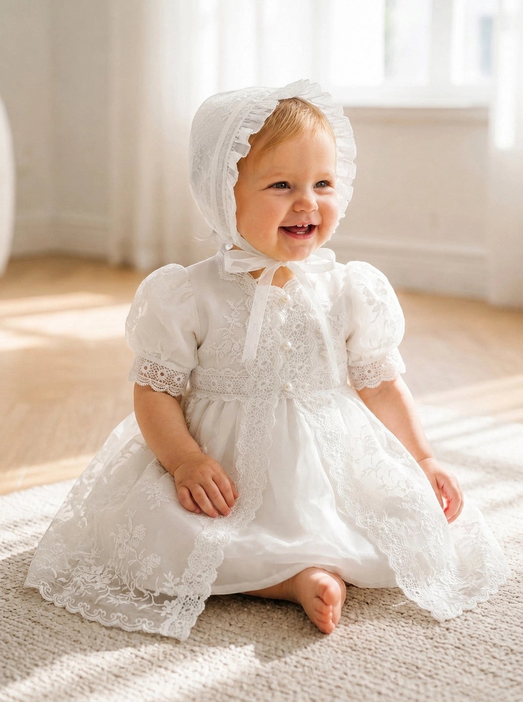 Christening Gown with Matching Bonnet #20284 Antique White
