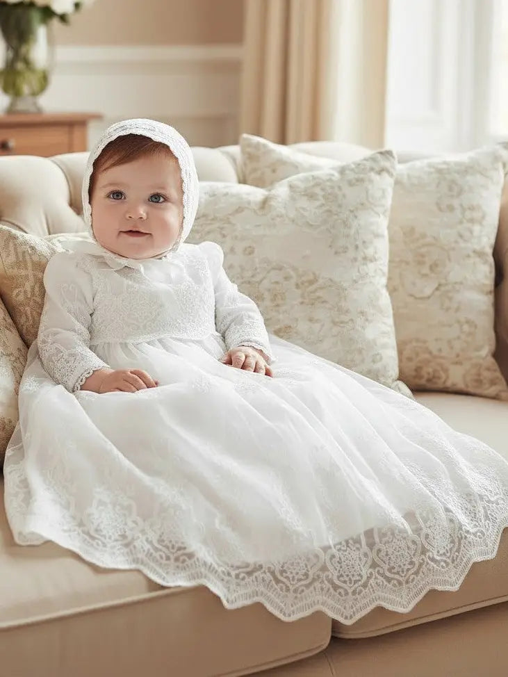 Long Sleeve Lace Embroidery Scalloped Trim Christening Gown by Carriage Boutique