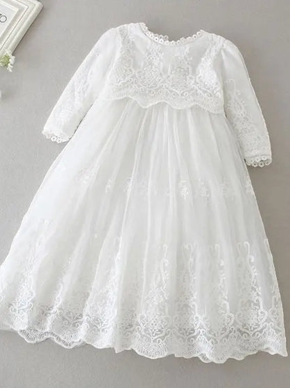 Long Sleeve Lace Embroidery Scalloped Trim Christening Gown by Carriage Boutique