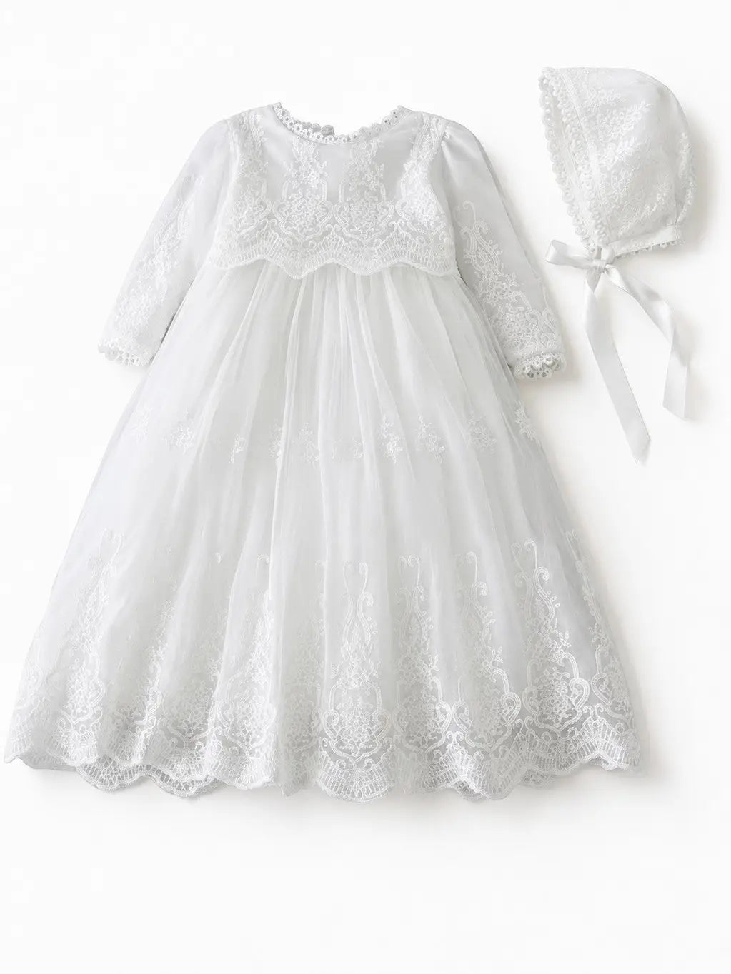 Long Sleeve Lace Embroidery Scalloped Trim Christening Gown by Carriage Boutique