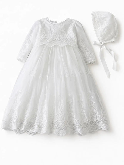 Long Sleeve Lace Embroidery Scalloped Trim Christening Gown by Carriage Boutique