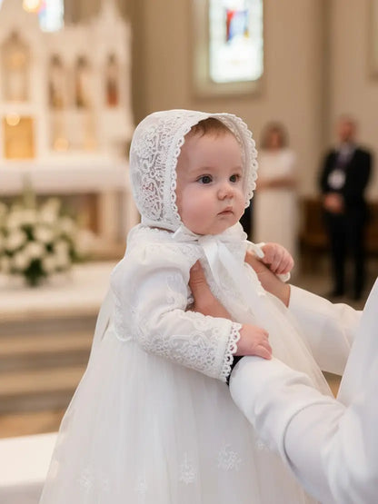 Long Sleeve Lace Embroidery Scalloped Trim Christening Gown by Carriage Boutique
