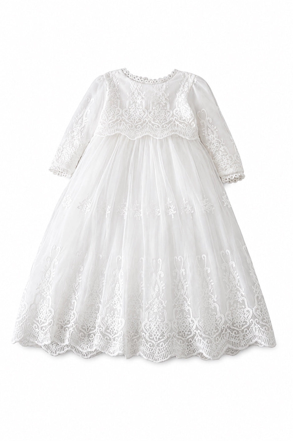 Long Sleeve Lace Embroidery Scalloped Trim Christening Gown by Carriage Boutique
