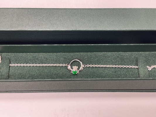 Facet Sterling Silver Claddagh Bracelet with Green Stone BMA75