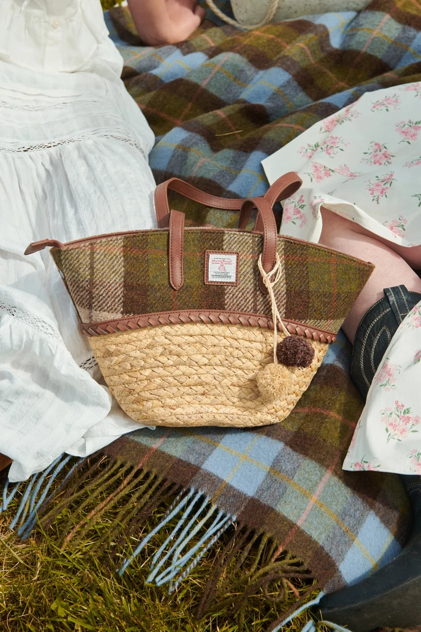 The Straw  Basket Bag- Chestnut tartan
