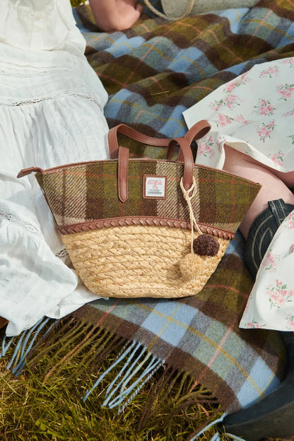 The Straw  Basket Bag- Chestnut tartan