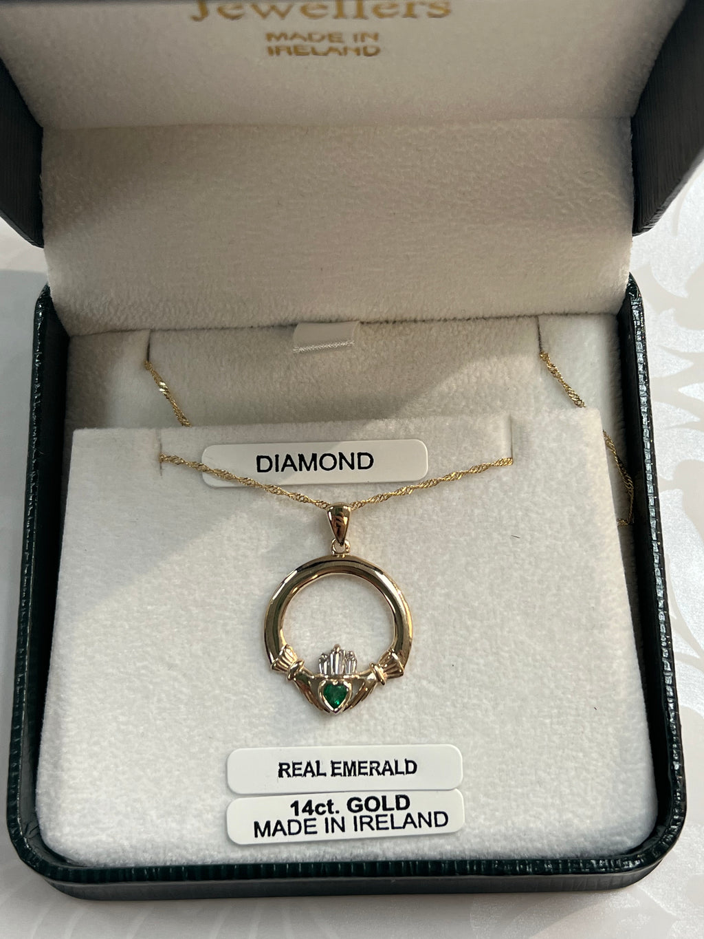 14K Yellow Gold Claddagh with Diamond and Emerald Pendant MA166