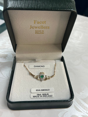 14K Yellow Gold Claddagh Emerald and Diamond Necklet MA193F