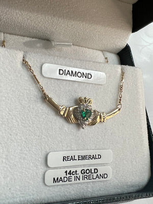 14K Yellow Gold Claddagh Emerald and Diamond Necklet MA193F