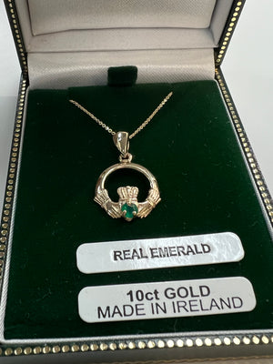 10K Yellow Claddagh with Emerald Pendant MA75