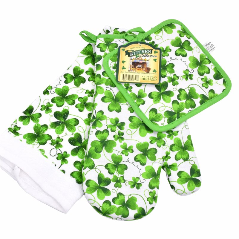 SHAMROCK STYLE TEA TOWEL, OVEN GLOVE AND POT HOLDER SET