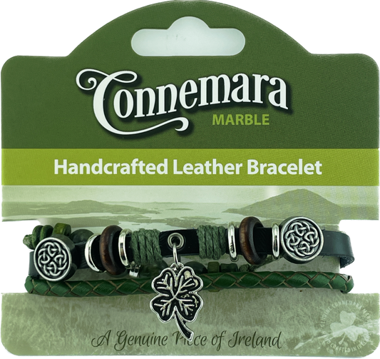 CONNEMARA MARBLE AND LEATHER HIPPY BRACELET WITH 4 LEAF CLOVER CHARM