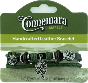 CONNEMARA MARBLE AND LEATHER HIPPY BRACELET WITH 4 LEAF CLOVER CHARM