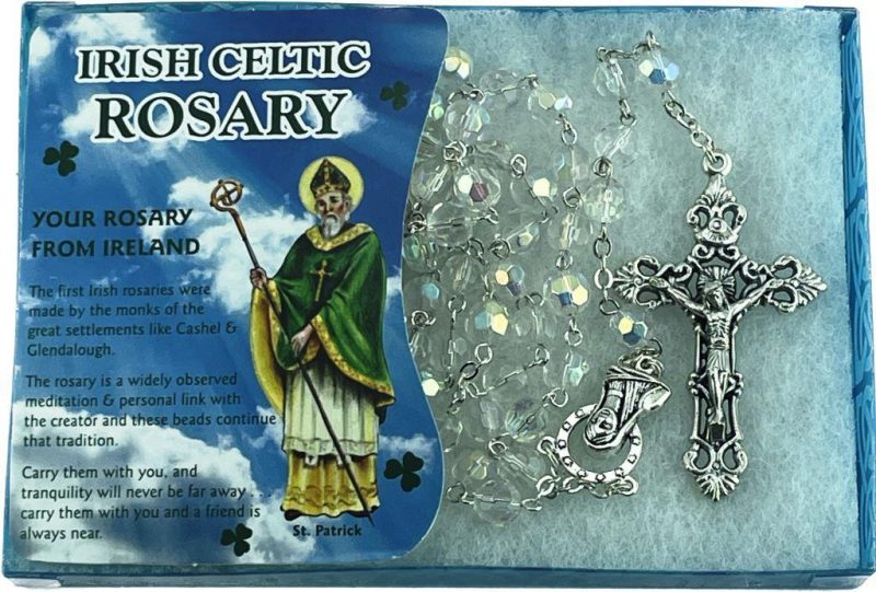 BOXED ACRYLIC IRISH CELTIC ROSARY - CRYSTAL G80822