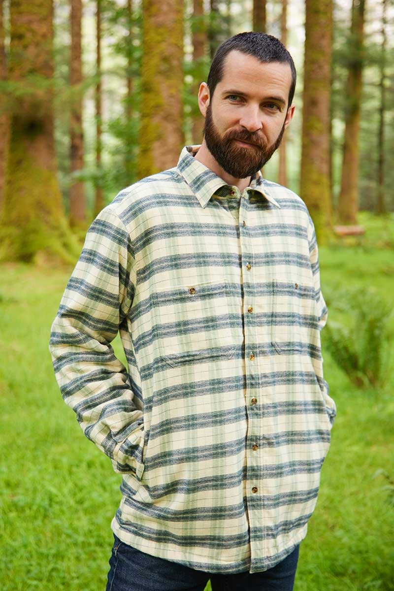 Flannel Fleece Lined Shirt - Ecru Green Navy Check (LV5)