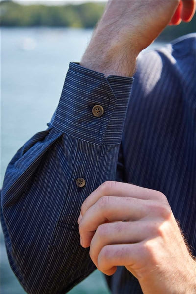 Men's Comfort Cotton Grandfather Shirt - Navy and White Stripe (FL18)